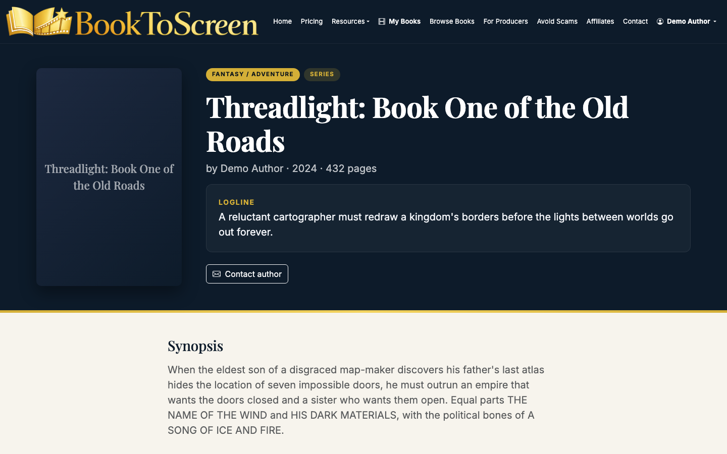 A public book page gives producers the core adaptation details
