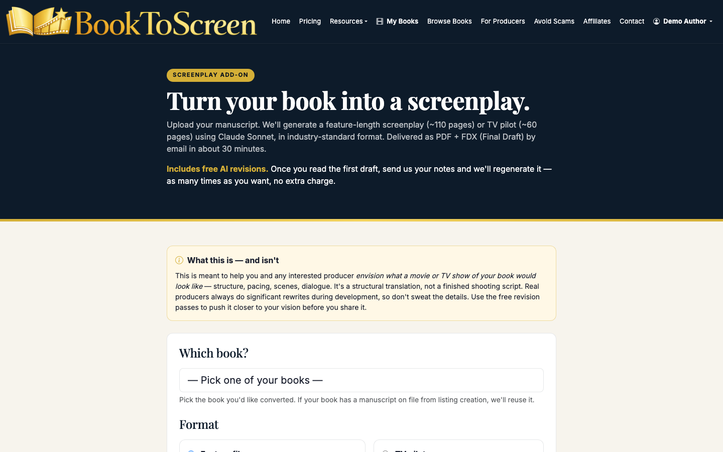Order an AI-assisted screenplay or TV pilot export