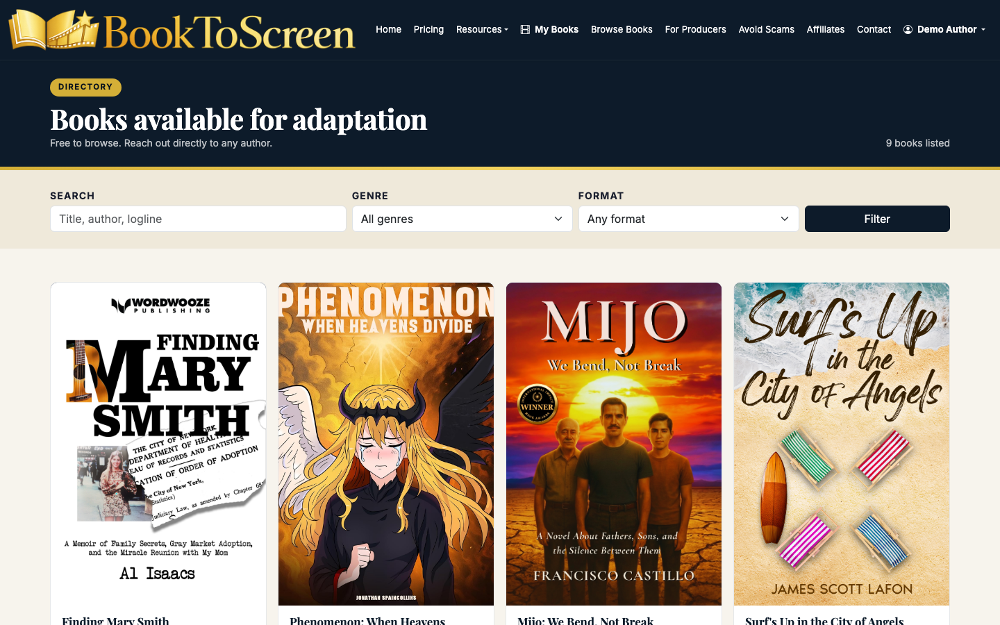 Published books appear in the directory producers and scouts can browse.